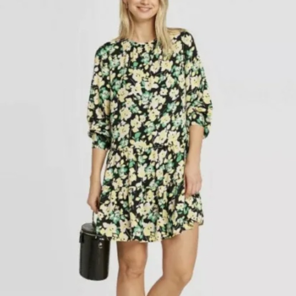 NWT Who What Wear Long Sleeve Round Neck Button Back Floral Tiered Dress Sz S